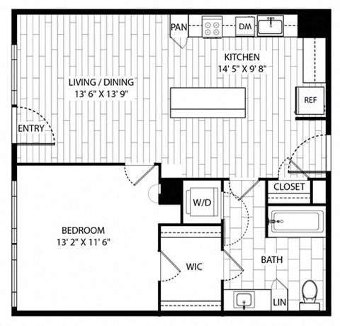Floor plan for 1 bed, 1 bath, 770 sqft